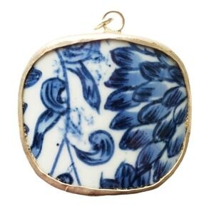 Blue & White Floral Pottery Shard Pendant Repurposed Porcelain Broken Ming China